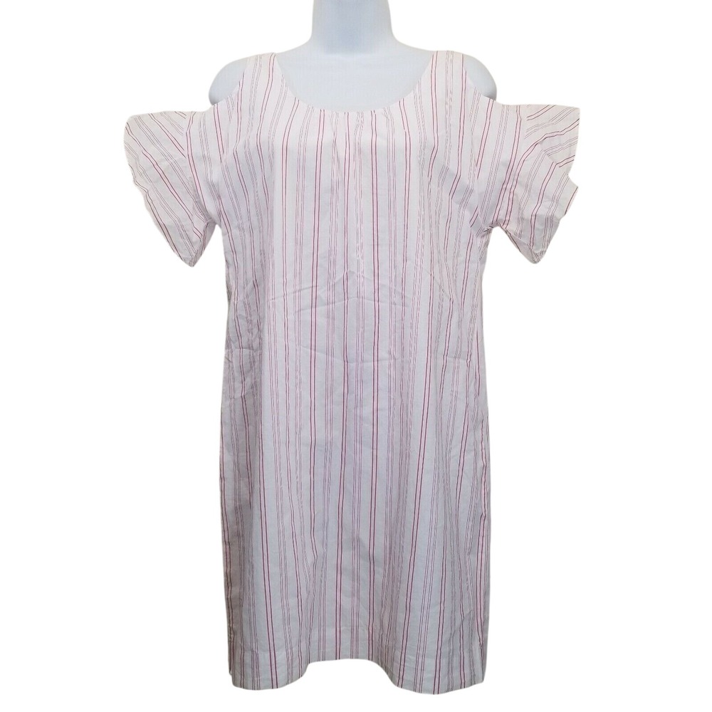 Madewell XS Dress Cold Shoulder Pink White Stripe Shift Rose Vacation Cruise